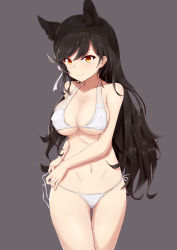 Rule 34 | 1girl, absurdres, animal ears, atago (azur lane), atago (summer march) (azur lane), azur lane, bikini, black hair, blush, breasts, brown eyes, cleavage, closed mouth, covered erect nipples, cowboy shot, feifei, grey background, hair ornament, highres, large breasts, long hair, navel, side-tie bikini bottom, simple background, smile, solo, standing, swimsuit, untying, white bikini