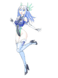 Rule 34 | 1girl, :d, aromage rosemary, bare shoulders, between breasts, blue eyes, blue hair, blue necktie, boots, breasts, clenched hand, collared leotard, commentary, duel monster, elbow gloves, full body, gloves, groin, hair between eyes, hair ornament, halterneck, headgear, high heel boots, high heels, highleg, highleg leotard, highres, hip focus, leg up, leotard, long hair, looking at viewer, maxilax, mecha musume, necktie, necktie between breasts, neon trim, open mouth, outstretched arm, simple background, skin tight, smile, solo, standing, standing on one leg, thigh boots, thighhighs, white background, white gloves, white thighhighs, yu-gi-oh!