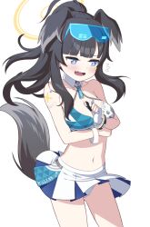 Rule 34 | 1girl, absurdres, animal ears, bare shoulders, black hair, blue archive, blue eyes, blunt bangs, blush, breasts, character name, cheerleader, commentary request, cowboy shot, crop top, detached collar, dog ears, dog tail, embarrassed, eyewear on head, flying sweatdrops, gloves, hair over shoulder, hibiki (blue archive), hibiki (cheer squad) (blue archive), highres, looking away, medium breasts, medium hair, millennium cheerleader outfit (blue archive), miniskirt, navel, official alternate costume, open mouth, panties, pantyshot, pleated skirt, ponytail, shoulder tattoo, single glove, sizque, skirt, solo, standing, star sticker, sticker on face, sunglasses, tail, tank top, tattoo, underwear, wavy mouth, white background, white gloves, white panties