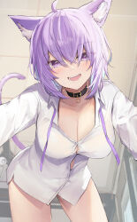 Rule 34 | 1girl, ahoge, animal collar, animal ear fluff, animal ears, black collar, blue hair, blush, breasts, cat ears, cat girl, cat tail, cleavage, collar, colored inner hair, hair between eyes, highres, hololive, large breasts, long sleeves, looking at viewer, multicolored hair, naked shirt, nekomata okayu, nekomata okayu (oversized shirt), open mouth, purple eyes, purple hair, shirt, short hair, shuuzo3, solo, tail, virtual youtuber, white shirt