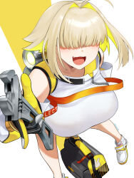Rule 34 | 1girl, :d, ahoge, artist name, black gloves, blonde hair, breasts, clothing cutout, crop top, crop top overhang, elegg (nikke), fang, gloves, goddess of victory: nikke, hair intakes, hair over eyes, holding, holding wrench, large breasts, leaning forward, long bangs, long sleeves, multicolored clothes, multicolored gloves, multicolored hair, multicolored hairers, okome (komehakumai), open mouth, short hair, shoulder cutout, smile, solo, thighs, two-tone hair, wrench, yellow gloves