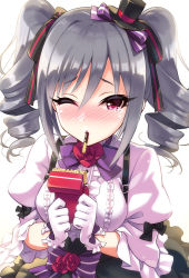 Rule 34 | 10s, 1girl, black bow, black hat, black ribbon, black skirt, bow, bowtie, box, breasts, center frills, drill hair, eyelashes, flower, food, food in mouth, frills, gloves, grey hair, hair between eyes, hair ribbon, hat, holding, idolmaster, idolmaster cinderella girls, kanzaki ranko, lipstick, looking at viewer, makeup, medium breasts, mini hat, mini top hat, mouth hold, one eye closed, pink lips, pocky, pocky day, puffy sleeves, purple bow, purple bowtie, purple ribbon, red eyes, red flower, red rose, ribbon, rose, simple background, skirt, solo, striped ribbon, suspender skirt, suspenders, tears, top hat, twin drills, twintails, upper body, urabi (tomatohouse), white background, white gloves, wide sleeves