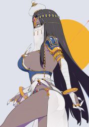 Rule 34 | 1girl, armor, ass, black hair, breasts, caster of the nocturnal castle, commentary request, cowboy shot, dark-skinned female, dark skin, fate/grand order, fate (series), fingernails, from side, green eyes, jewelry, large breasts, long fingernails, long hair, looking at viewer, mask, mouth veil, scheherazade (fate), see-through, sideboob, sohin, solo, two-tone background, veil
