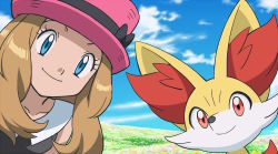 Rule 34 | 1girl, black ribbon, blue eyes, closed mouth, cloud, collarbone, collared shirt, commentary request, creatures (company), day, eyelashes, fennekin, game freak, gen 6 pokemon, hat, hat ribbon, light brown hair, long hair, looking at viewer, monoshiri hakase, nintendo, official style, outdoors, pink headwear, pokemon, pokemon (anime), pokemon (creature), pokemon xy (anime), ribbon, serena (pokemon), shirt, sky, sleeveless, smile, upper body