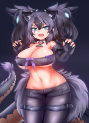 Rule 34 | 1girl, animal ear fluff, animal ears, aqua eyes, bare shoulders, belt bra, big hair, black gloves, black hair, black pantyhose, black shorts, bow, breasts, buttons, cerberus (kemono friends), cleavage, collar, collarbone, daddy pomgi, dog ears, elbow gloves, extra ears, eyes visible through hair, fang, fingerless gloves, fingernails, gloves, glowing, glowing hair, grey hair, hair between eyes, hands up, highres, jewelry, kemono friends, large breasts, pantyhose under shorts, lizard tail, looking at viewer, lowleg, lowleg shorts, midriff, multicolored hair, navel, open clothes, open fly, open mouth, open shorts, pantyhose, pendant, scar, scar across eye, scar on face, sharp fingernails, short shorts, shorts, smile, solo, spiked collar, spikes, stomach, tail, teeth, thigh strap, two-tone hair, two side up, unbuttoned, underboob, upper teeth only, v-shaped eyebrows