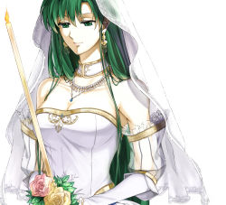 Rule 34 | 1girl, bare shoulders, bouquet, breasts, bridal veil, bride, cleavage, delsaber, dress, earrings, elbow gloves, fire emblem, fire emblem: the blazing blade, fire emblem heroes, flower, formal, gloves, gold trim, green eyes, green hair, hair down, high ponytail, highres, jewelry, long hair, lyn (bridal) (fire emblem), lyn (fire emblem), nintendo, official alternate costume, ponytail, simple background, smile, solo, strapless, strapless dress, veil, very long hair, wedding dress, white dress, white flower