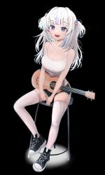Rule 34 | 1girl, :d, absurdres, alternate breast size, bare shoulders, black background, black footwear, black shorts, blue eyes, blue hair, blunt bangs, breasts, cleavage, collarbone, commentary, full body, gawr gura, guitar, hair ornament, hairclip, highres, hololive, hololive english, instrument, large breasts, long hair, looking at viewer, multicolored hair, navy bean (water1402), open mouth, sharp teeth, shoes, short shorts, shorts, sitting, smile, sneakers, solo, streaked hair, teeth, thighhighs, upper teeth only, virtual youtuber, white footwear, white thighhighs