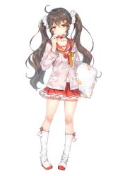 Rule 34 | 1girl, absurdres, ahoge, aso homura, blush, braid, brown hair, choker, collarbone, expressionless, floral print, forearm at chest, french braid, frills, full body, hair ornament, highres, holding, holding pillow, long hair, long sleeves, momoko (momopoco), official art, onsen musume, parted lips, pillow, pleated skirt, pom pom (clothes), red choker, red eyes, ribbon-trimmed legwear, ribbon trim, school uniform, serafuku, shoes, skirt, socks, solo, standing, transparent background, twintails, unbuttoned, unbuttoned shirt, uwabaki, white socks