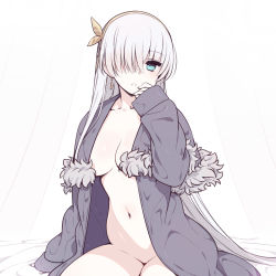 Rule 34 | 1girl, anastasia (fate), blue eyes, blush, breasts, chan co, coat, collarbone, earrings, fate/grand order, fate (series), fur trim, hair over one eye, hairband, hand up, highres, jewelry, large breasts, long hair, long sleeves, looking at viewer, naked coat, navel, silver hair, sitting, solo, very long hair