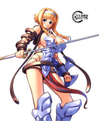 Rule 34 | 00s, 1girl, armor, blonde hair, blue eyes, blush, braid, breasts, buckle, cleavage, exiled warrior leina, gunner-l, hairband, large breasts, leina (queen&#039;s blade), leina (queen's blade), queen&#039;s blade, revealing clothes, short hair with long locks, side braid, solo, sword, twin braids, weapon