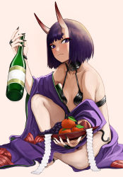 Rule 34 | 1girl, bare shoulders, blush, bob cut, bottle, breasts, bridal gauntlets, collarbone, eyeliner, fate/grand order, fate (series), fingernails, food, fruit, fruit bowl, headpiece, highres, horns, japanese clothes, kimono, long sleeves, looking at viewer, makeup, nail polish, off shoulder, oni, open clothes, open kimono, purple eyes, purple hair, purple kimono, revealing clothes, sailen0, sake bottle, sharp fingernails, short hair, shuten douji (fate), sitting, skin-covered horns, small breasts, smile, solo, wide sleeves