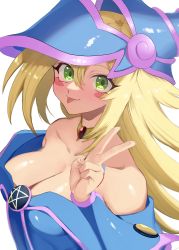 Rule 34 | 1girl, :p, absurdres, bare shoulders, blonde hair, blush, blush stickers, breasts, choker, cleavage, daniku, dark magician girl, duel monster, green eyes, hair between eyes, hat, highres, large breasts, long hair, looking at viewer, open mouth, pentacle, smile, solo, tongue, tongue out, upper body, v, wizard hat, yu-gi-oh!