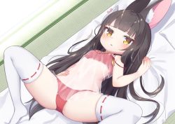 Rule 34 | 1girl, animal ear fluff, animal ears, azur lane, bare arms, bare shoulders, black hair, blush, brown eyes, commentary request, fox ears, hand up, kokone (coconeeeco), long hair, lying, mask, mask on head, nagato (azur lane), nagato (great fox&#039;s respite) (azur lane), navel, no shoes, on back, panties, parted lips, red panties, ribbon-trimmed legwear, ribbon trim, see-through, solo, spread legs, strap slip, tatami, thighhighs, underwear, very long hair, white thighhighs