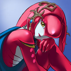 Rule 34 | 1girl, closed mouth, colored skin, fish girl, gem, gills, headpiece, highres, jewelry, looking at viewer, mipha, multicolored skin, necklace, nintendo, red skin, simple background, solo, the legend of zelda, the legend of zelda: breath of the wild, two-tone skin, white skin, yellow eyes