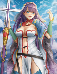 Rule 34 | 1girl, :d, belt, blue eyes, blush, bracer, breasts, cape, cleavage, clothing cutout, cross, fate/grand order, fate (series), highres, k ryo, large breasts, light blush, long hair, navel, navel cutout, open mouth, petals, purple hair, martha (fate), smile, solo, staff, thighhighs, veil