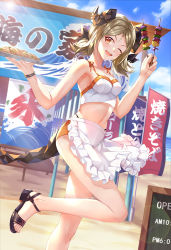 Rule 34 | 1girl, ;d, apron, arknights, bare arms, bare legs, bare shoulders, bikini, black footwear, blue sky, breasts, chinese commentary, cleavage, cloud, commentary request, day, dutch angle, feet out of frame, food, frilled apron, frills, grey hair, head tilt, holding, holding food, horns, ifrit (arknights), kebab, looking at viewer, navel, one eye closed, open mouth, orange eyes, ryuu32, sandals, short hair, sky, small breasts, smile, solo, standing, standing on one leg, stomach, swimsuit, thighs, waist apron, white apron, white bikini