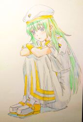 Rule 34 | 1girl, alice carroll, aria (manga), arm rest, beret, blue eyes, blush, closed mouth, crossed arms, cwind, dress, eyelashes, fingerless gloves, full body, gloves, gold trim, green hair, hair between eyes, hat, highres, knees up, long hair, looking at viewer, on ground, orange planet uniform, sailor collar, short sleeves, sidelocks, simple background, sitting, solo, traditional media, white dress, white footwear, white hat
