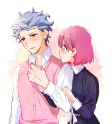 Rule 34 | 1boy, 1girl, artist name, blue dress, blush, bob cut, collared dress, collared shirt, couple, dated, dress, grey hair, hetero, holding hands, interlocked fingers, krudears, long sleeves, looking at another, parted lips, pink hair, pink sweater, protagonist (tokimemo gs3), red eyes, shirt, shitara seiji, short hair, smile, sweater, sweater vest, tokimeki memorial, tokimeki memorial girl&#039;s side 3rd story, twitter username, upper body, white shirt