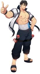 Rule 34 | 1boy, abs, artificial vagina, bara, biceps, black hair, bracelet, collared jacket, covered abs, full service (mazjojo), gyee, hand on own hip, highres, jacket, jewelry, large pectorals, legband, long sideburns, looking at viewer, male focus, manly, mature male, mazjojo, muscular, muscular male, nipples, official art, open clothes, open jacket, pants, pectorals, rald schwarz, sandals, sex toy, sideburns, smile, solo focus, spiked hair, thick arms, thick eyebrows, thick thighs, thighs, tight clothes, transparent background, yellow eyes