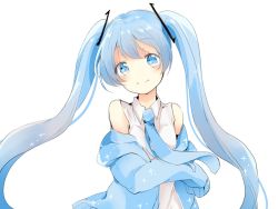 Rule 34 | 1girl, 3:, bad id, bad twitter id, blue hair, blue necktie, blue theme, blush, closed mouth, clothes pull, hatsune miku, highres, long hair, looking at viewer, necktie, oyamada (pi0v0jg), oyamade (pi0v0jg), shirt, simple background, sleeveless, sleeveless shirt, solo, sweater, sweater pull, twintails, upper body, vocaloid, white background
