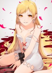 Rule 34 | 1girl, akuan (7jackpot7), bad id, bad pixiv id, bare legs, barefoot, between legs, black ribbon, blonde hair, blood, blood on ground, bound, bound wrists, breasts, cleavage cutout, clothing cutout, commentary request, cosplay, dress, fangs, hand between legs, heart, highres, kiss-shot acerola-orion heart-under-blade, kiss-shot acerola-orion heart-under-blade (cosplay), kizumonogatari, long hair, monogatari (series), oshino shinobu, pointy ears, ribbon, shadow, sitting, sketch, small breasts, smile, solo, spaghetti strap, strap slip, tied up, very long hair, wariza, wrist ribbon, yellow eyes