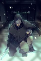 Rule 34 | 1boy, 1girl, closed mouth, copyright name, echo (circa), father and daughter, full body, gloves, hood, hooded jacket, jacket, lead pipe, looking at viewer, nier, nier (old), nier (series), short hair, snow, stairs, white hair, winter clothes, yonah