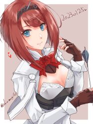 Rule 34 | 1girl, absurdres, ark royal (kancolle), blue eyes, bob cut, border, brown gloves, closed mouth, corset, cropped jacket, dated, fingerless gloves, gloves, hairband, heart, highres, jacket, kantai collection, long sleeves, looking at viewer, one-hour drawing challenge, red hair, shiomugi (shio mugi1107), short hair, smile, solo, tiara, twitter username, upper body, white border, white jacket