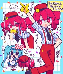 Rule 34 | 2girls, ?, apron, aqua border, aqua hair, arm behind back, arrow (symbol), black eyes, black necktie, blue dress, blue hat, blush, border, bow, bright pupils, buttons, channel ( caststation) (style), collared shirt, confetti, dress, drill hair, empty eyes, frilled apron, frilled dress, frills, gloves, grid background, hat, hatsune miku, highres, kasane teto, leg up, long hair, mesmerizer (vocaloid), multiple girls, multiple views, musical note, necktie, open mouth, outline, pants, pink eyes, pink hair, pinstripe dress, pinstripe hat, pinstripe pattern, prostration, puff of air, red bow, red hat, red pants, red suspenders, richard (richaball), shaded face, sharp teeth, shirt, smiley face, speech bubble, spoken question mark, striped bow, striped clothes, striped dress, striped headwear, striped shirt, suspenders, sweat, teeth, thought bubble, translation request, trembling, twin drills, twintails, utau, vertical-striped clothes, vertical-striped dress, vertical-striped headwear, vertical-striped shirt, vocaloid, white apron, white background, white outline, white pupils, white shirt, yellow gloves