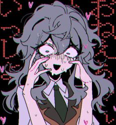 Rule 34 | 1girl, black background, blue eyes, brown vest, collared shirt, crying, crying with eyes open, ensemble stars!, genderswap, genderswap (mtf), green necktie, grey hair, heart, kimichinoname, long hair, necktie, open mouth, sena izumi (ensemble stars!), shirt, short sleeves, smile, solo, sweatdrop, tears, translation request, vest, wavy hair, white shirt