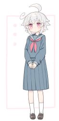 Rule 34 | 1girl, ahoge, blue sailor collar, blue serafuku, blue shirt, blue skirt, blush, brown footwear, closed mouth, commentary, full body, grey hair, highres, kibisake, loafers, long sleeves, looking at viewer, neckerchief, original, own hands together, pink eyes, pleated skirt, puffy long sleeves, puffy sleeves, red neckerchief, sailor collar, school uniform, serafuku, shirt, shoes, short eyebrows, skirt, socks, solo, standing, thick eyebrows, torii koyomi, white background, white socks