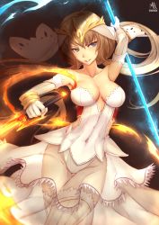 Rule 34 | 1girl, artist name, blonde hair, blue eyes, breasts, circlet, cleavage, covered navel, elbow gloves, fire, gloves, hananon, long hair, original, parted lips, smile, solo, sword, twintails, weapon, white gloves