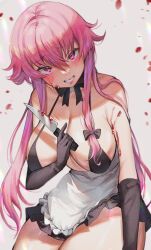 Rule 34 | 1girl, apron, bikini, black bikini, black dress, blood, blood on face, breasts, cleavage, collarbone, dress, frilled apron, frills, gasai yuno, hair between eyes, highres, holding, holding knife, knife, large breasts, liremi, long hair, looking at viewer, maid, maid bikini, mirai nikki, pink background, pink eyes, pink hair, smile, solo, swimsuit, unconventional maid, weapon, white apron, yandere, yandere trance