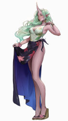 Rule 34 | 1girl, absurdres, breasts, cleavage, colored skin, commentary, dialxu, earrings, english commentary, floral print, green hair, highres, horns, jewelry, large breasts, league of legends, long hair, medium breasts, parted lips, pink scrunchie, pointy ears, purple horns, purple skin, sandals, scrunchie, simple background, single horn, solo, soraka (league of legends), standing, swimsuit, very long hair, white background, wrist scrunchie