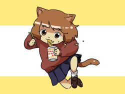 Rule 34 | 1girl, animal ears, bozo (nok-peg), brown eyes, brown hair, cat ears, cat girl, chopsticks, eating, food, furry, holding, holding food, instant ramen, kemomo (character), nissin cup noodle, original, simple background, solo, tail