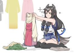 Rule 34 | 1girl, black hair, black thighhighs, blouse, blue one-piece swimsuit, commentary, crop top, fujinoki (horonabe-ken), green eyes, grey neckerchief, hair ribbon, headgear, holding, holding clothes, i-47 (kancolle), kantai collection, long hair, low-tied long hair, neckerchief, one-piece swimsuit, ribbon, sailor collar, sailor shirt, school swimsuit, see-through, see-through skirt, shirt, sidelocks, simple background, sitting, skirt, sleeveless, sleeveless shirt, smile, solo, sparkle, swimsuit, thighhighs, tress ribbon, wariza, white background, white sailor collar