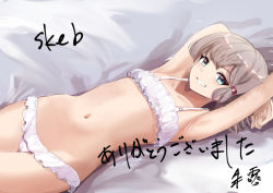 Rule 34 | 1girl, arm up, armpits, arms behind head, azur lane, bikini, blue eyes, commentary, commission, denver (azur lane), flat chest, frilled bikini, frilled bikini, frills, grey hair, grin, looking at viewer, lying, navel, on back, on bed, schreibe shura, short hair, skeb commission, smile, solo, stomach, swimsuit, white bikini
