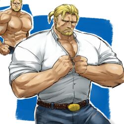 Rule 34 | 1boy, bara, beard, cowboy shot, denim, facial hair, full beard, guile, huge pectorals, jeans, male focus, mature male, multicolored hair, multiple views, muscular, muscular male, official alternate hairstyle, pants, pectoral cleavage, pectorals, sleeves rolled up, standing, street fighter, street fighter 6, thick arms, thick eyebrows, topless male, two-tone hair, undressing, zoku bu
