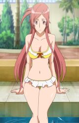 00s 1girl anime_screenshot bikini breasts cleavage dragonaut frilled_bikini frills long_hair medium_breasts navel pink_eyes pink_hair sitting stitched swimsuit thick_thighs thighs third-party_edit toa_(dragonaut) yellow_bikini