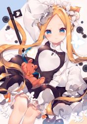 Rule 34 | 1girl, abigail williams (fate), ana (rznuscrf), apron, black skirt, blonde hair, blue eyes, bow, butterfly hair ornament, fate/grand order, fate (series), hair ornament, heroic spirit chaldea park outfit, highres, key, long hair, maid, maid apron, maid headdress, orange bow, parted bangs, skirt, sleeves past fingers, sleeves past wrists, stuffed animal, stuffed toy, teddy bear, white bow