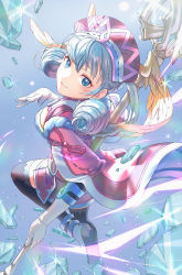 Rule 34 | 1girl, blue eyes, cape, dress, elbow gloves, fuwamoko momen toufu, gloves, hat, head wings, highres, holding, holding staff, leggings, melia antiqua, o-ring, short dress, solo, staff, thighhighs, wings, xenoblade chronicles (series), xenoblade chronicles 1
