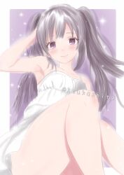 1girl absurdres adjusting_hair armpits black_hair blush border breasts collarbone commentary_request dress feet_out_of_frame from_below hand_up highres idolmaster idolmaster_shiny_colors knees_up koukashita long_hair looking_at_viewer outside_border purple_background purple_eyes rounded_corners short_dress sidelocks sitting sleeveless sleeveless_dress small_breasts smile solo spaghetti_strap sparkle twintails white_border white_dress yukoku_kiriko