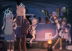 Rule 34 | 6+girls, absurdres, ahoge, aircraft, anger vein, animal ear fluff, animal ears, antenna hair, black footwear, black gloves, black hair, black necktie, black pantyhose, blonde hair, blue archive, blue eyes, blue hair, blue halo, blue hat, blue sailor collar, blue serafuku, blue shirt, blue skirt, blue sweater, boots, braid, brown hair, clenched teeth, closed eyes, closed mouth, collared shirt, combat helmet, drum (container), extra ears, fake animal ears, fire, fubuki (blue archive), gloves, green eyes, green halo, grey hair, hair over one eye, halo, hat, helicopter, helmet, highres, kanna (blue archive), kirino (blue archive), knee pads, kokukyukeo, long hair, long sleeves, miyako (blue archive), moe (blue archive), multicolored hair, multiple girls, neckerchief, necktie, night, one side up, open mouth, outdoors, pantyhose, pink footwear, pink halo, pleated skirt, rabbit ears, red eyes, sailor collar, saki (blue archive), school uniform, serafuku, sharp teeth, shirt, shoes, short hair, single braid, sitting, skirt, smile, stahlhelm, sweater, teeth, twintails, very long hair, white footwear, white hat, yellow halo, yellow neckerchief