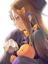 Rule 34 | 1girl, abigail williams (fate), bad id, bad pixiv id, black bow, black hat, blonde hair, blue eyes, bow, closed mouth, fate/grand order, fate (series), hair bow, hat, highres, holding, holding stuffed toy, keigo inoue, long hair, long sleeves, orange bow, parted bangs, polka dot, polka dot bow, simple background, sleeves past fingers, sleeves past wrists, smile, solo, straight hair, stuffed animal, stuffed toy, teddy bear, upper body, white background