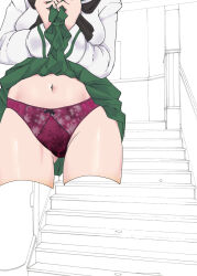 Rule 34 | 1girl, absurdres, black neckerchief, blouse, bow, bow panties, clothes lift, commentary, cropped legs, girls und panzer, gotou moyoko, green skirt, highres, lifted by self, long sleeves, makura ken, miniskirt, neckerchief, ooarai school uniform, panties, partially colored, pleated skirt, purple panties, sailor collar, school uniform, serafuku, shirt, skirt, skirt lift, solo, textless version, underwear, white sailor collar, white shirt