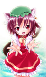 Rule 34 | 1girl, animal ears, brown hair, cat ears, cat girl, cat tail, chen, child, dress, ear piercing, earrings, female focus, hat, jewelry, multiple tails, necktie, nekomata, outstretched hand, piercing, purple hair, red dress, red eyes, seminoyu, short hair, smile, solo, tail, touhou