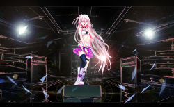 Rule 34 | 1girl, asymmetrical legwear, bad id, bad pixiv id, belt, black thighhighs, blue eyes, boots, collar, collarbone, floating hair, from below, full body, hair between eyes, highres, ia (vocaloid), layered skirt, long hair, looking at viewer, midriff, miniskirt, navel, open mouth, pink hair, purple skirt, side ponytail, silver hair, single thighhigh, skirt, solo, standing, stomach, tanikku, thigh strap, thighhighs, uneven legwear, very long hair, vocaloid, white footwear