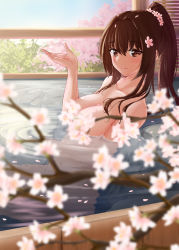 Rule 34 | 1girl, bathing, blue sky, blurry, blurry foreground, blush, breasts, brown eyes, brown hair, cherry blossoms, closed mouth, collarbone, convenient censoring, day, flower, hair flower, hair ornament, hand up, highres, indoors, kantai collection, large breasts, long hair, looking at viewer, matching hair/eyes, ponytail, sidelocks, sky, smile, solo, tareme, umino haruka (harukaumino6), very long hair, wet, yamato (kancolle)