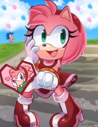 Rule 34 | 1boy, 1girl, absurdres, amy rose, amy rose (classic), balloon, blue sky, blurry, boots, cloud, depth of field, dress, furry, furry female, furry male, gloves, hairband, hand on own chest, heart, hedgehog ears, high heel boots, high heels, highres, mimiipyon, open mouth, red dress, red hairband, sky, smile, sonic (series), sonic the hedgehog, sonic the hedgehog (classic), white gloves