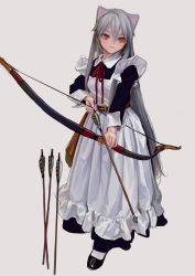 Rule 34 | 1girl, animal ears, arrow (projectile), artist name, bow (weapon), cat ears, closed mouth, feiqizi (fkey), fkey, full body, grey hair, hair between eyes, highres, long hair, looking at viewer, maid, original, red eyes, solo, standing, weapon, white background
