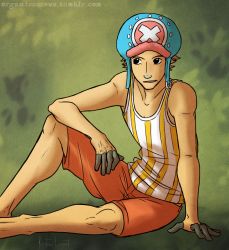 Rule 34 | 1boy, brown hair, chronomorphosis, leaning, male focus, one piece, outdoors, sabaody archipelago, shirt, shorts, sitting, solo, striped clothes, striped shirt, tank top, tony tony chopper, vertical stripes